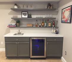 Finally Finished Basement Bar Unfinished Cabinets Ikea Countertop And Ikea Floating Shelv Basement Kitchenette Floating Shelves Kitchen Ikea Floating Shelves
