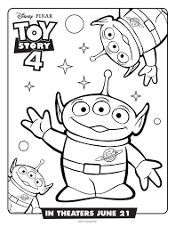 Happy green alien gesturing a peace sign coloring page. New Toy Story 4 Free Coloring Sheets April Golightly