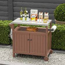 Brown 42 13 In W Stainless Steel Outdoor Grilling Table With Storage Wheels Hooks And Side Shelf