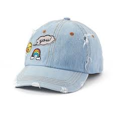 Women S So Denim Patches Hat Found On Polyvore Featuring Accessories Hats Blue Adjustable Caps Colorful Hats Print Hats Denim Patches Denim Cap Cute Hats
