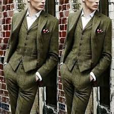 Details About Olive Green Mens Suit Windowpane Wool Tweed Check Formal Business Groom Suits