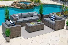 Sorrento 4 Piece Outdoor Patio Conversation Sofa Set In Gray Rattan Outdoor Furniture Outdoor Patio Garden Patio Furniture