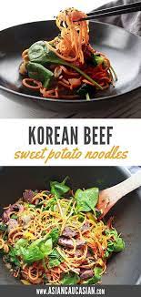 Korean Sweet Potato Noodles With Beef Asian Caucasian Food Blog Recipe Korean Sweet Potato Sweet Potato Noodles Potato Noodles