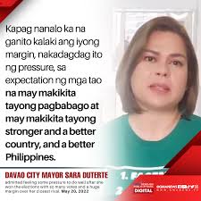Presumptive vice president Sara Duterte has admitted feeling some pressure  to do well after she won the elections with so many votes and a huge margin  over her closest rival. READ:  https://www.gmanetwork.com/news/topstories/nation/832369/sara-duterte ...