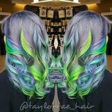 Lilac Gray Metallic Base Hair Color With Ribbons Of Neon Green Hair Color And Pastel Blue Hair Color Hotonbeauty Neon Green Hair Mermaid Hair Green Hair Colors