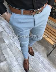 Italyan Kesim Slim Fit Likrali Buz Mavisi Desen Erkek Kumas Pantolon T2361 Mens Pants Fashion Formal Men Outfit Mens Clothing Styles