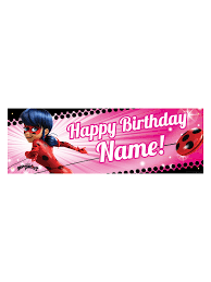 Carnival banner with pink decorations including party hats, streamers, balloons and confetti on white. Personalized Miraculous Ladybug Birthday Banner Pink Walmart Com Walmart Com