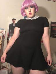 the wig says stripper, the dress says Wednesday Addams, and the tat on my  arm says “praise Satan” 💁🏻‍♂️🖤 : r/femboy