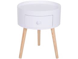 Chevet Table De Nuit Ronde Design Scandinave Tiroir Bicolore Pieds Effiles Inclines Bois Massif Chene Clair Blanc Vente Chene Clair Table De Nuit Bois Massif