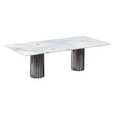 Unique pedestals rest on handsome sabre legs; Doris Double Pedestal Dining Table In White Carrara Marble And Cast Aluminum For Sale At 1stdibs