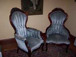 Pair Of Victorian Arm Chairs By Kimball Reproductions Sky Blue Mahogany Chicago Victorian Furniture Victorian Style Furniture Victorian Chair