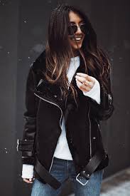 Oversized Moto Jacket In Faux Leather Features Plush Faux Fur Lining Adjustable Tonal Belt With Metal Hardware And Loops At Waist Neck An Fashion Black Shearling Jacket Clothes