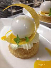 Almond Torte Mango Passion Fruit Sauce Vanilla Mousseline Coconut Sorbet Public House Las Vegas Desserts Coconut Sorbet Fruit Sauce