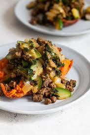 Vegan Beef And Zucchini Stuffed Sweet Potatoes Vegan Beef Vegan Sweet Potato Vegan Lunch Recipes