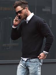 Magic Fox With A Simple Business Casual Look With A Black Sweater White Button Up Shirt Light Wash Denim Watc Mens Outfits Mens Fashion Casual White Shirt Men