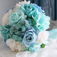 Check out bouquet and boutonniere photos from some of wedding flower ideas for winter: Baby Blue Light Mint Green Bridal Bouquet For Wedding White Purple Silk Roses Artificial Brooch Flower Light Purple Wedding Blue Wedding Bouquet Bridal Bouquet