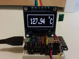 Digital Thermometer On Oled Display Using Esp8266 Esp 12e Nodemcu And Ds18b20 Temperature Sensor Digital Thermometer Sensor Digital