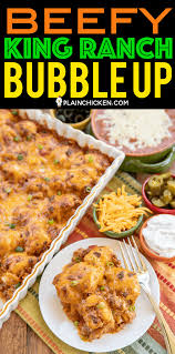 Rotel dip with hamburger meat recipe is like having snack night, but it still has some meat, dairy, and veggies in it. Beefy King Ranch Bubble Up Plain Chicken