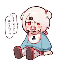 hatyuuruinohito, shiina yuika, nijisanji, 1girl, blue sweater, blush, hair  ornament, hairclip, pacifier, pink hair, pleated skirt, red eyes, red  skirt, simple background, sitting, skirt, solo, sweater, thighhighs, two  side up, virtual youtuber,