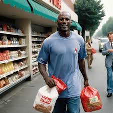 Michael Jordan in a street holding plastic begs from...