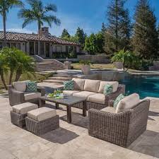 Brandemore 6 Piece Seating Set By Mission Hills Sofa 2 Armed Club Chairs 2 Nesting Ottomans Coffee Table 4 Toss Pill Patio Decor Outdoor Living Rooms Patio