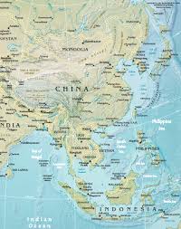 The map shows the countries and main regions of southeast asia with surrounding bodies of water, international borders, major volcanoes, major islands, main cities, and capitals. East And Southeast Asia World Regional Geography