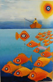 Nazar Boncuklu Baliklar 40x60 Tuvale Yagli Boya Tablolar Sanat Merkezleri Sanat
