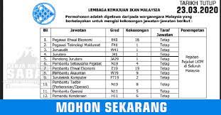 Senarai maklumat berikut merupakan iklan jawatan kosong yang ditawarkan oleh majikan terlibat. Jawatan Kosong Kerajaan Malaysia 2020 Pelbagai Jawatan Lembaga Kemajuan Ikan Malaysia Jawatan Kosong Terkini Negeri Sabah