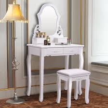 Costway White Vanity Jewelry Wooden Makeup Dressing Table Stool Walmart Com In 2020 White Vanity Makeup Dressing Table Dressing Table With Stool