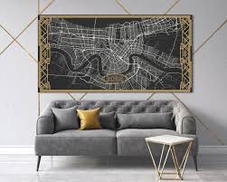 New Orleans Louisiana Canvas Map Black White Art Deco Large Etsy Navy Blue Wall Art Stretched Canvas Wall Art Blue Wall Art