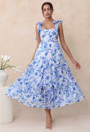 Blue Floral Tie-Shoulder Shirred Tiered Dress - Boho Chic, Indie & Romantic  Fashion Boutique