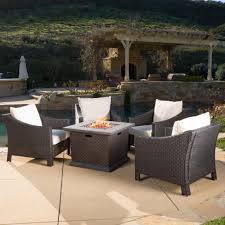 Noble House Antibes Brown 5 Piece Patio Fire Pit Conversation Set With Beige Cushions 10030 Fire Pit Sets Patio Seating Club Chairs