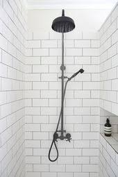 Black And White Hex Tile With Gray Grout Love White Subway Tile With Gray Grout White Bathroom Designs Bathroom Design Shower Fixtures