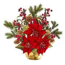 Nearly Natural 17in Poinsettia Holly Berry And Pine Artificial Arrangement 1992 The Home Depot Poinsettia Floral Arrangements Poinsettia Centerpiece