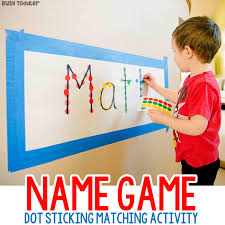 Help your preschooler learn the alphabet and practice letter a sounds all while having fun and coloring! Name Game Dot Sticker Activity Busy Toddler