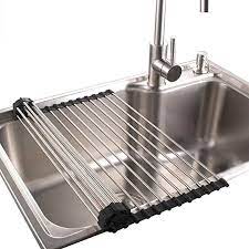 You could use this bamboo dish rack as a drying rack, or you could keep it dry and use it in your rv cabinets as a rv dish storage idea. Dish Rack Sponge Holder Stainless Steel Rv Roll Up Shelf Over Sink Drainer For Recreational Vehicle Large 17 2x15 7x0 Dish Rack Drying Sink Drainer Dish Racks