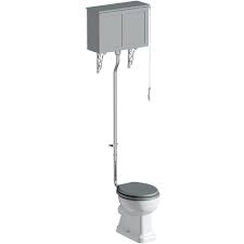 A lesser amount of water is designed to flush liquid waste and the larger quantity of water designed to flush solid waste. The Bath Co Camberley High Level Toilet With Grey Toilet Box And Seat Victoriaplum Com