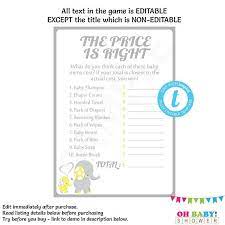 Editable Baby Shower Games Template The Price Is Right Baby Shower Game Yellow And Gray Elephant Baby Shower Boy Girl Printable Elyg Gray Elephant Baby Shower Baby Shower Games Baby Shower