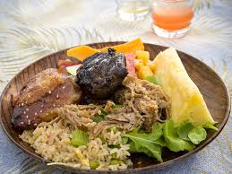 Accented by hibiscus flower patterns and tropical colors like kiwi green. Traditional Polynesian Luau Foods Hawaii Luaus