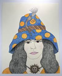 Women Fashion Drawing Folk Art Kokopelli Hat 14x11” Folksy Orange Polka  Dots