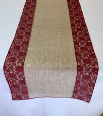 Burlap And Lace Table Runner Wedding Burlap And Burgundy Lace Etsy In 2020 Lace Table Runners Burlap Table Runners Wedding Lace Table Runner Wedding