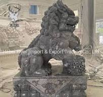 Natural Hand Carved Stone Black Granite Lion Statues Chinese Foo Dog  Sculpture for Sale Granite Foo Dog Sculpture