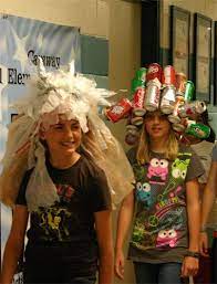 Earth Week Finishes With Recycled Hats And Green Green Green Crazy Hats Crazy Hat Day Recycling