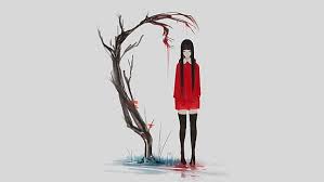 In the east, in distant japan. Hd Wallpaper Anime Anime Girls Grey Simple Background Red Trees Depressing Wallpaper Flare