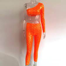 Orange Shiny Sequined Two Piece Set Women One Shoulder Full Sleeve Fashion Crop Top Skinny Long Pant Clubwear Hot 2 Pcs Outfit Women S Sets Aliexpress