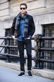 Black Bomber Jacket Outfits Men S Men S Black Bomber Jacket Blue Long Sleeve Shirt Navy Slip On Sneakers Navy Plaid Scarf Sneakers Outfit Men Mens Outfits Black Sneakers Outfit