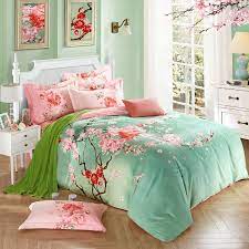 Mint Green And Pink Peach Blossom Print Oriental Style Asian Country Chic Soft Cotton Full Queen Size Bedding Mint Green Bedroom Mint Bedroom Oriental Bedroom