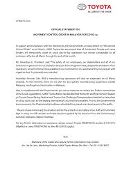 Check spelling or type a new query. Toyota Malaysia Temporary Closure Of Toyota Business Operations From 18 31 March 2020 In Support And Compliance With The Direction By The Government S Announcement On Movement Control Order On 16
