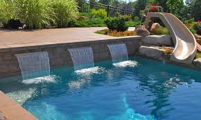 Pin By Emily Costello Glonek On Custom Cascade Poolscapes Standard Sheeting Waterfalls Swimming Pool Pictures Pool Fountain Swimming Pool Fountains