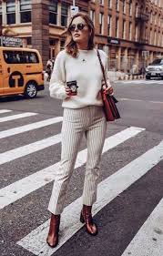 Autumn Outfit White Cozy Sweater Striped Pants And Leather Boots Outfit Idea Fall Winter 2018 Fall Fashion Coats White Outfit Casual Fashion